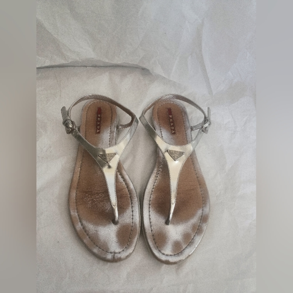 Prada Front Logo women's metallic Leather Thong Sandals size 38
